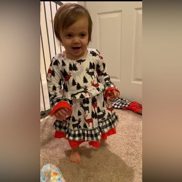 58. Girls Toddler Kids Christmas Moose Dress - Picture 2 of 3